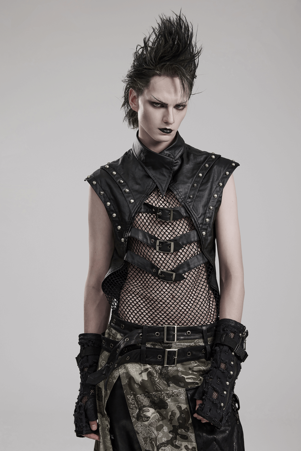 Stylish Men's Gothic Mesh Top with Rivets and Buckles