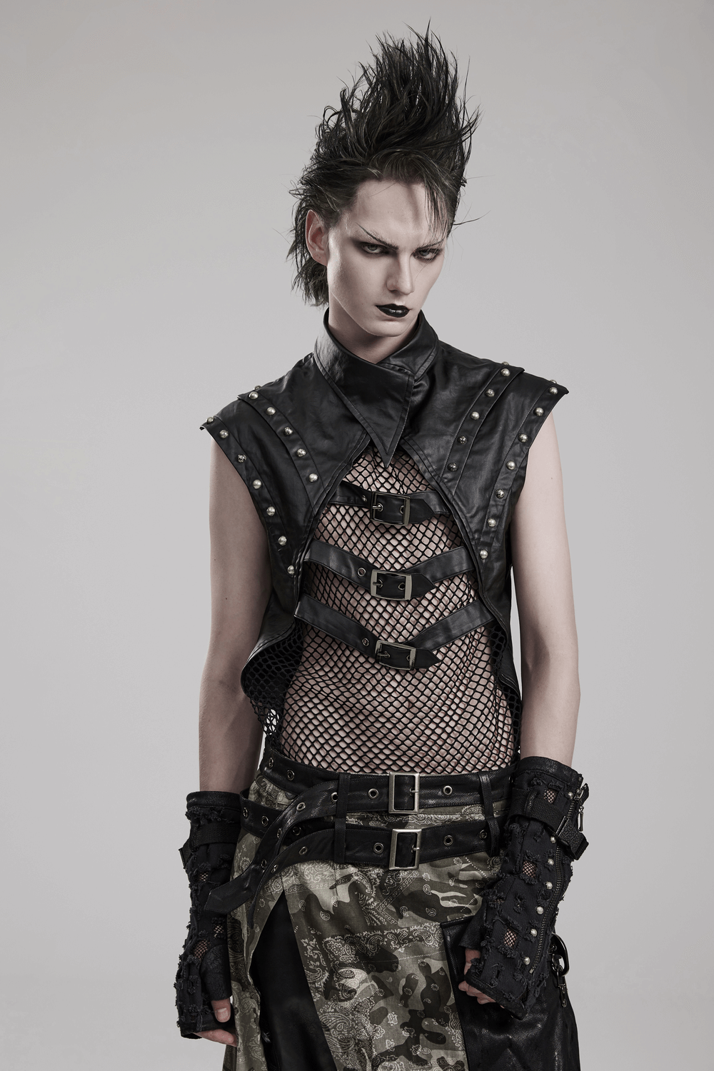 Stylish Men's Gothic Mesh Top with rivets and buckles, showcasing edgy punk fashion and a strong silhouette.