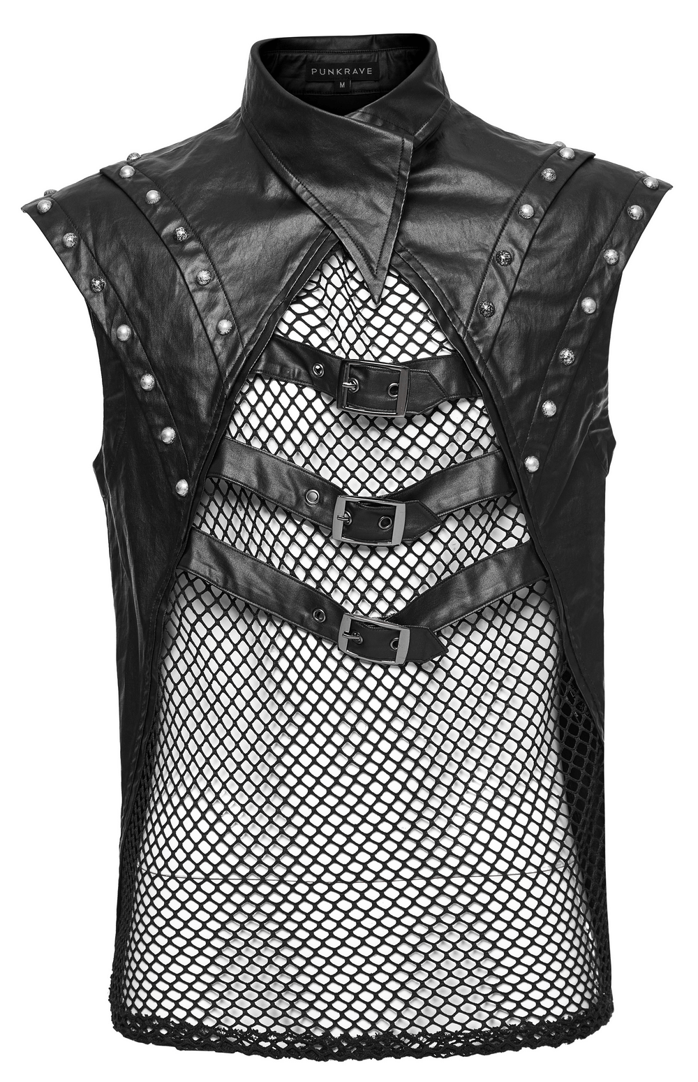Stylish Men's Gothic Mesh Top with rivets, buckles, and a bold punk design for an edgy look.