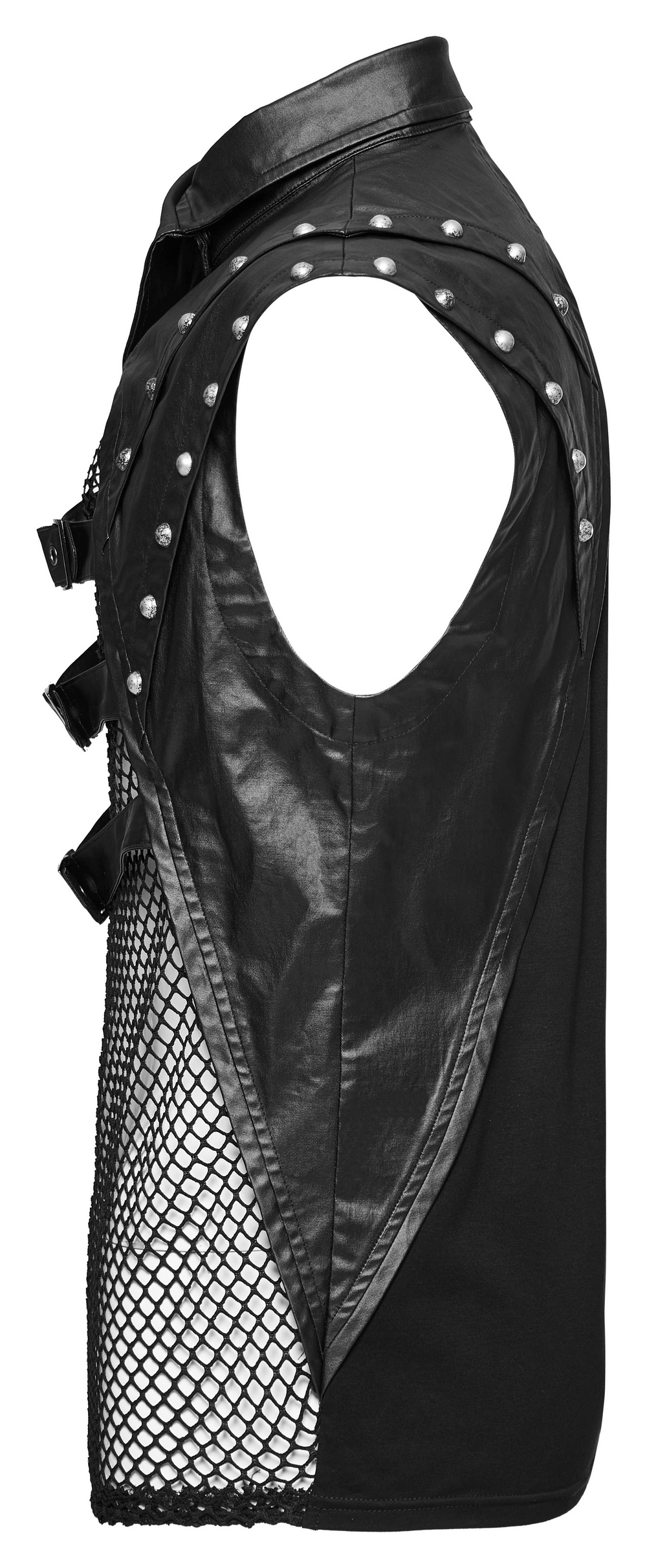 Stylish men's gothic mesh top with rivets and buckles, showcasing edgy punk fashion.