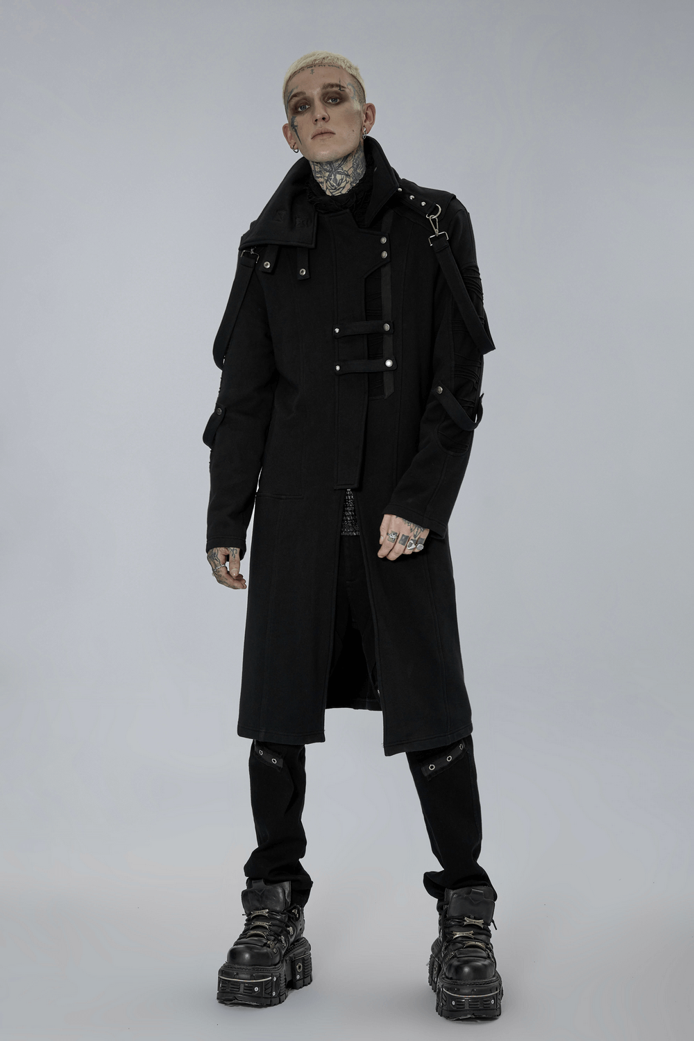 Stylish Men's Gothic Trench Coat With Asymmetric High Collar - HARD'N'HEAVY