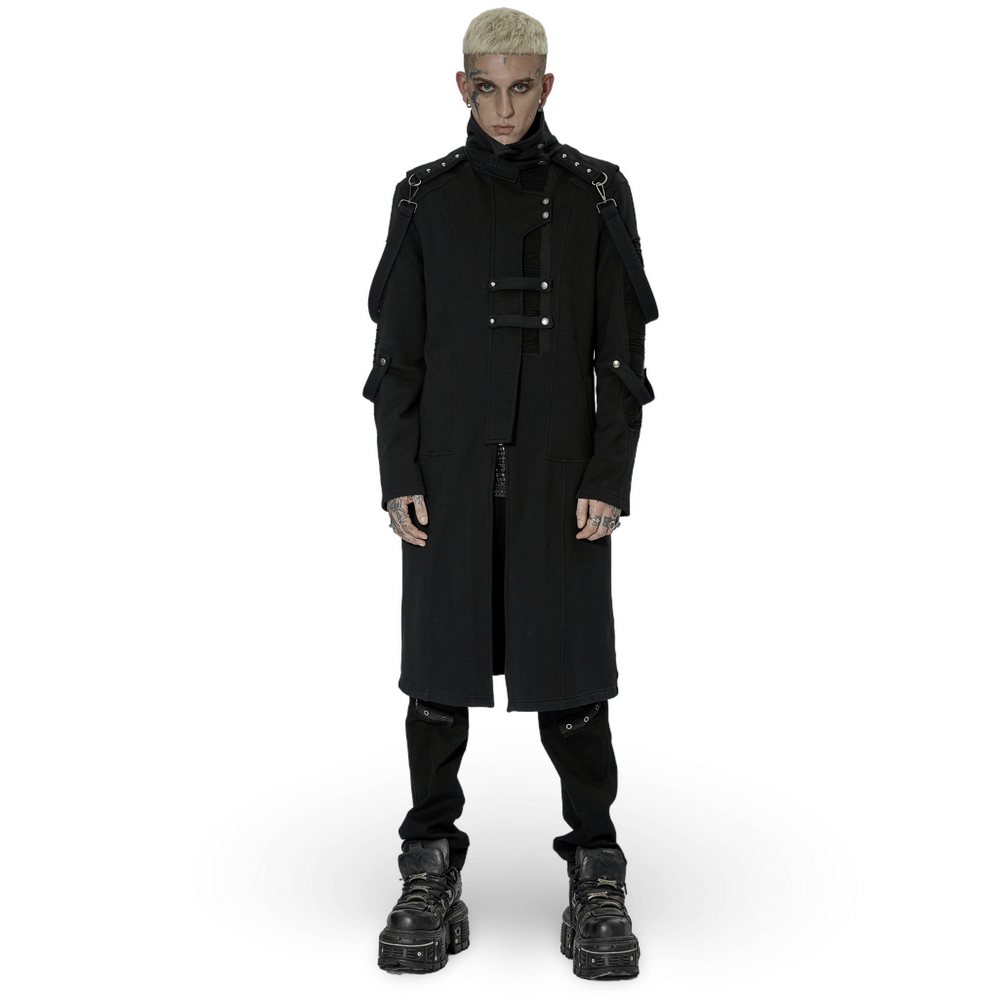 Stylish men's gothic trench coat with asymmetric high collar and rivet details, showcasing a unique punk fashion.