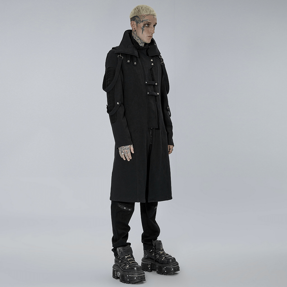 Stylish Men's Gothic Trench Coat With Asymmetric High Collar - HARD'N'HEAVY