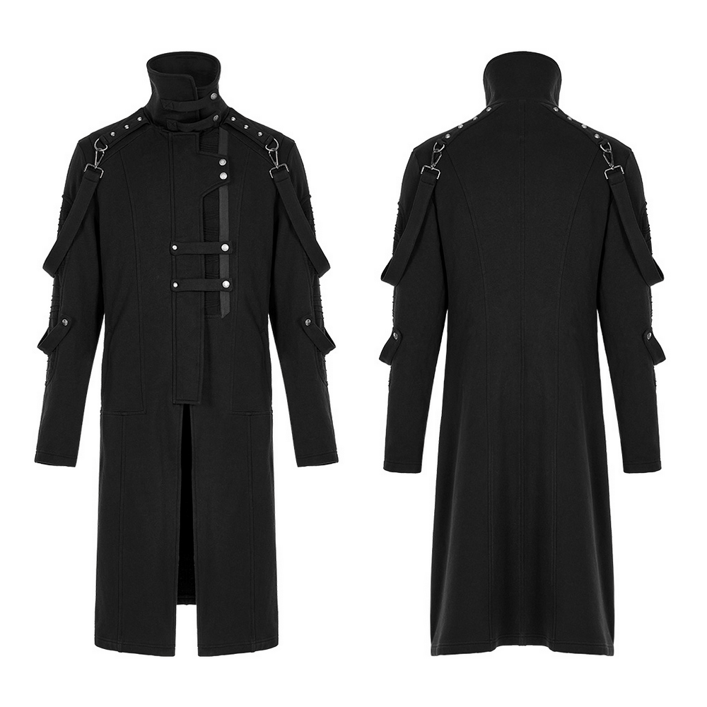 Stylish Men's Gothic Trench Coat with rivet details and asymmetric collar, perfect for avant-garde punk fashion.