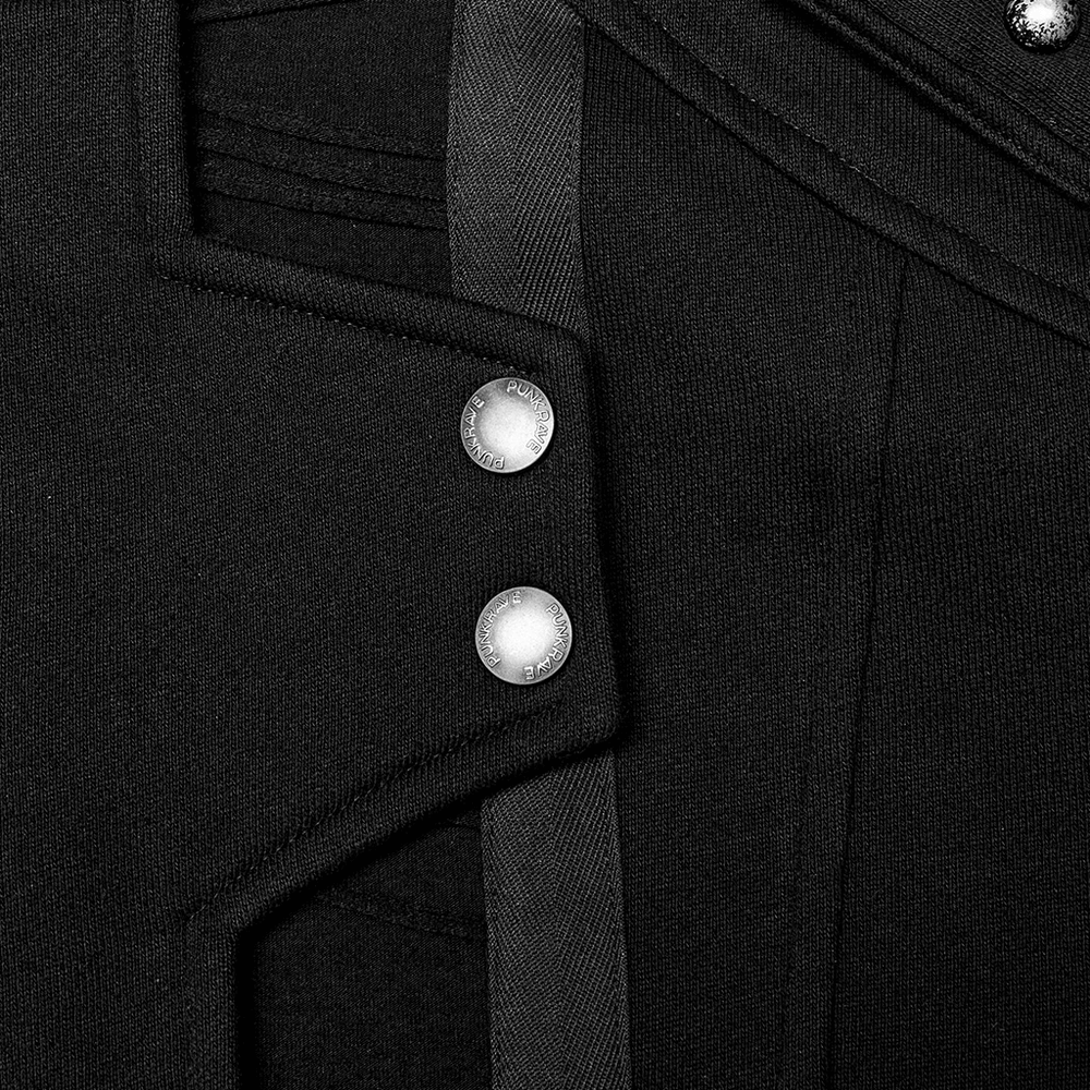 Close-up of rivet detail and decorative loops on a stylish men's gothic trench coat.