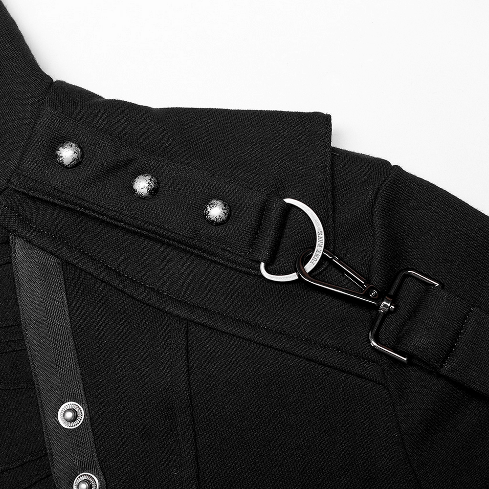 Close-up of stylish gothic trench coat collar with rivet details and decorative loops.