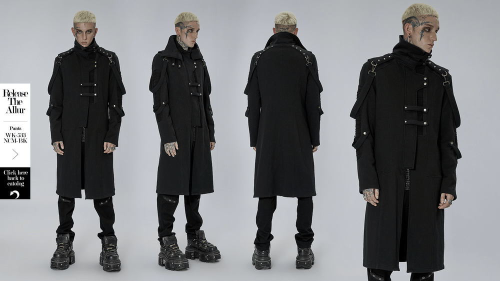 Stylish Men's Gothic Trench Coat With Asymmetric High Collar - HARD'N'HEAVY