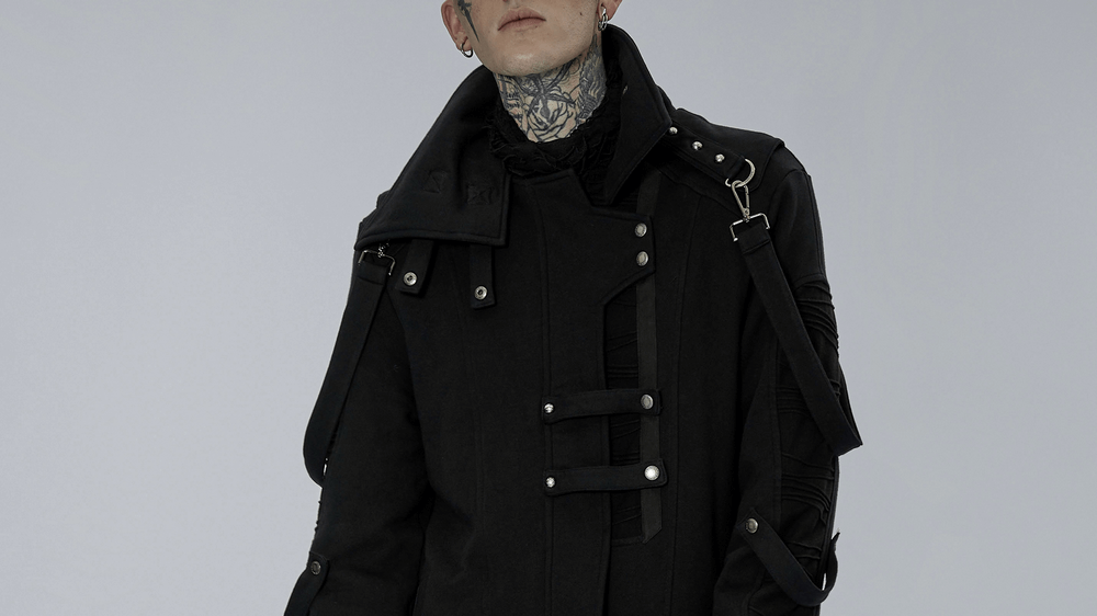 Stylish men's gothic trench coat with asymmetric collar and rivet details, blending avant-garde fashion and comfort.