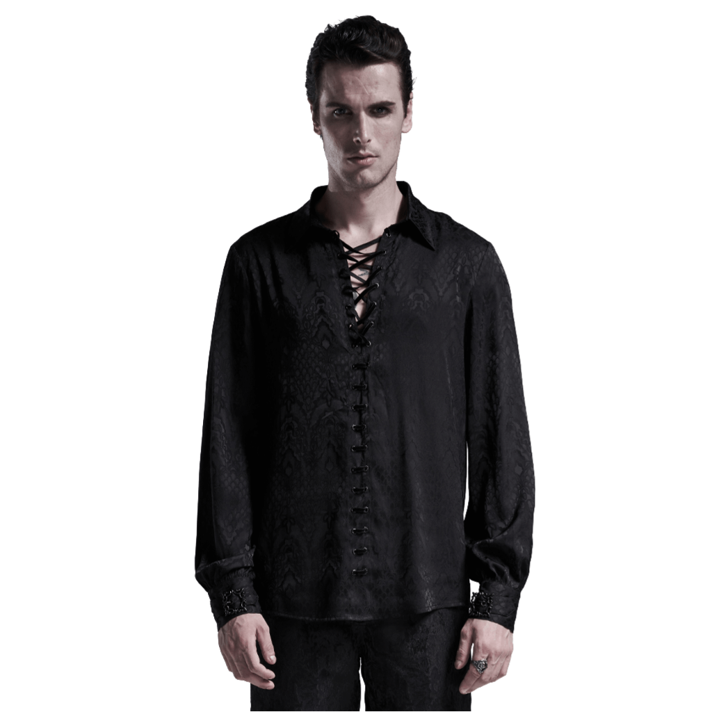 Stylish Men's Gothic Jacquard Shirt with lace-up detail and elegant black fabric.