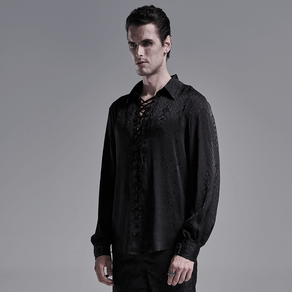 Men's black gothic jacquard shirt with lace-up front and elegant design, perfect for gothic style enthusiasts.