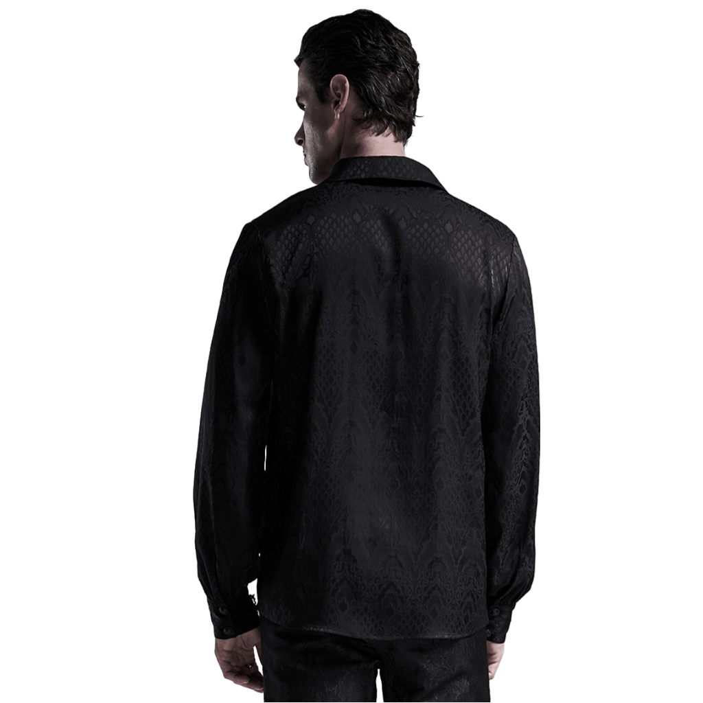 Stylish men's black gothic jacquard shirt showcasing the back view with elegant patterns and lace-up design.