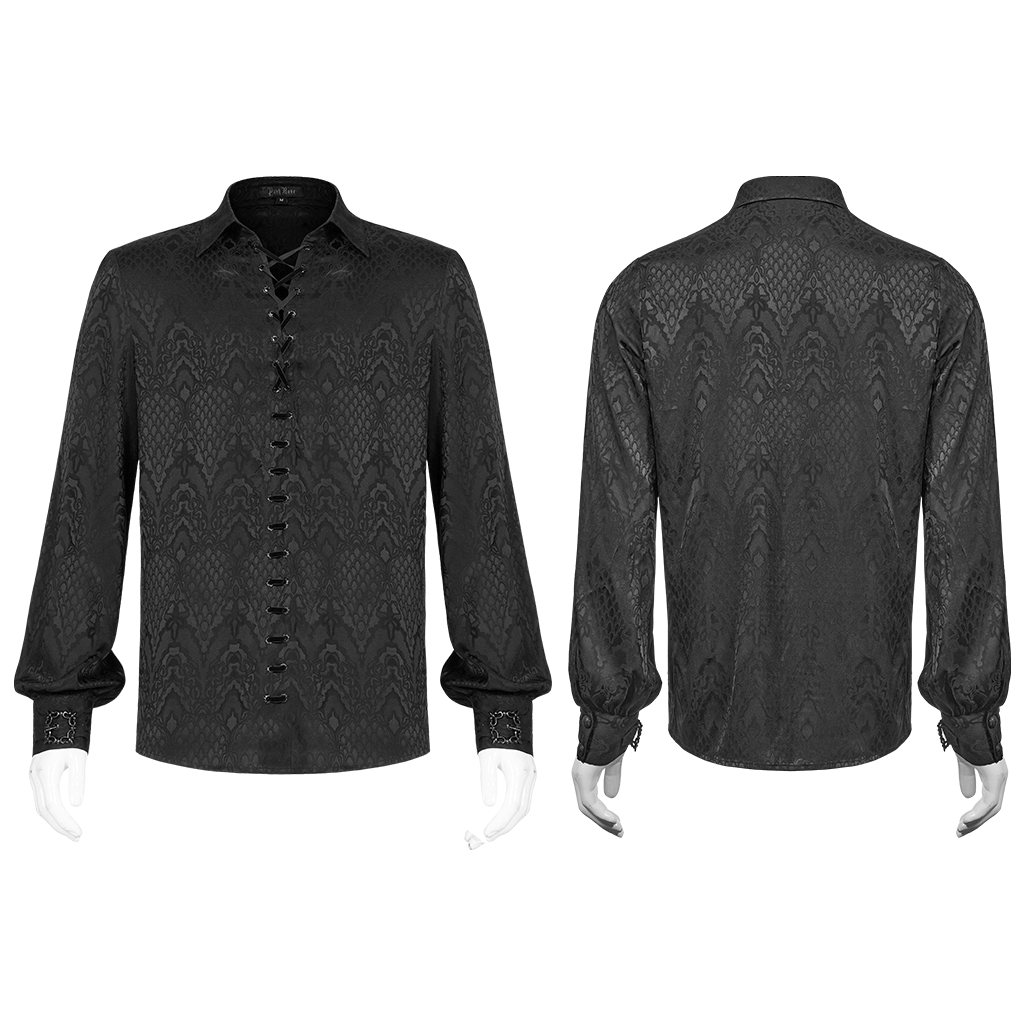 Stylish Men's Black Gothic Jacquard Shirt with lace-up design and intricate metal buckles, front and back view.