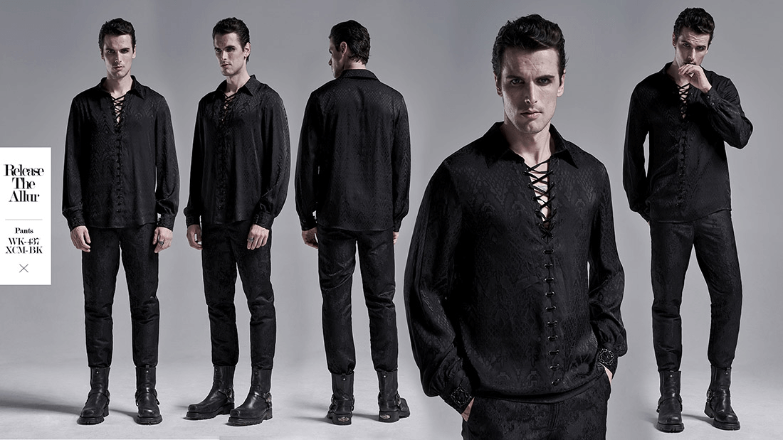 Stylish Men's Gothic Jacquard Shirt with lace-up detail and metal carving buckles, exuding vintage elegance.