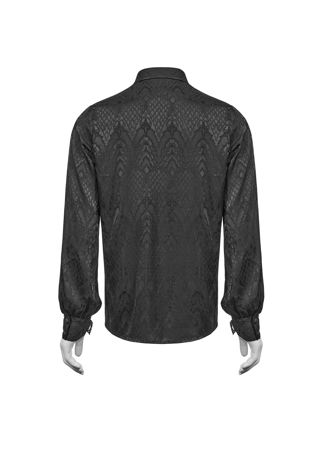 Back view of a stylish men's black gothic jacquard shirt showcasing intricate lace detail and elegant design.