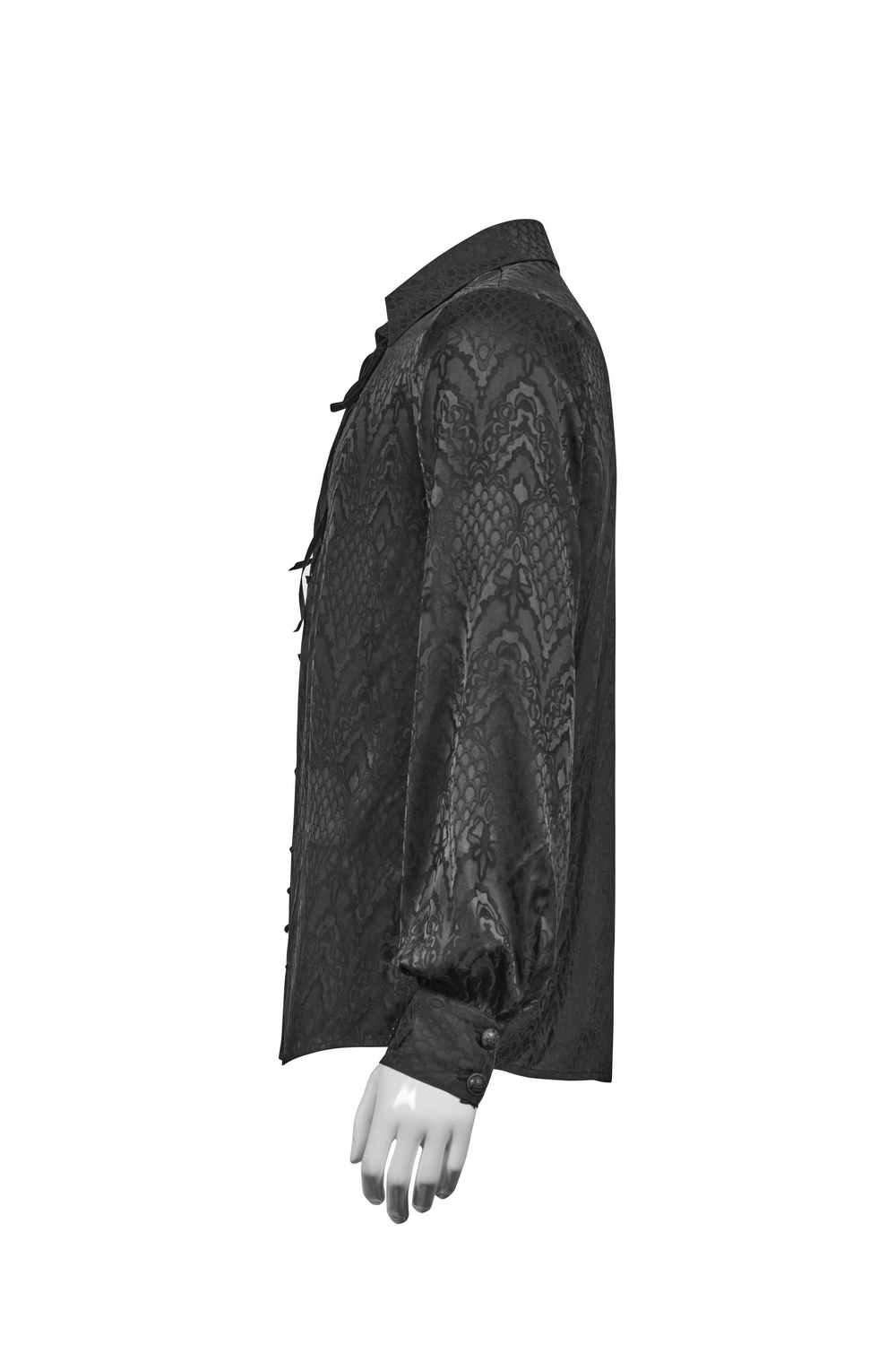 Men's gothic jacquard shirt in black with lace-up design, showcasing elegant side view and intricate patterns.