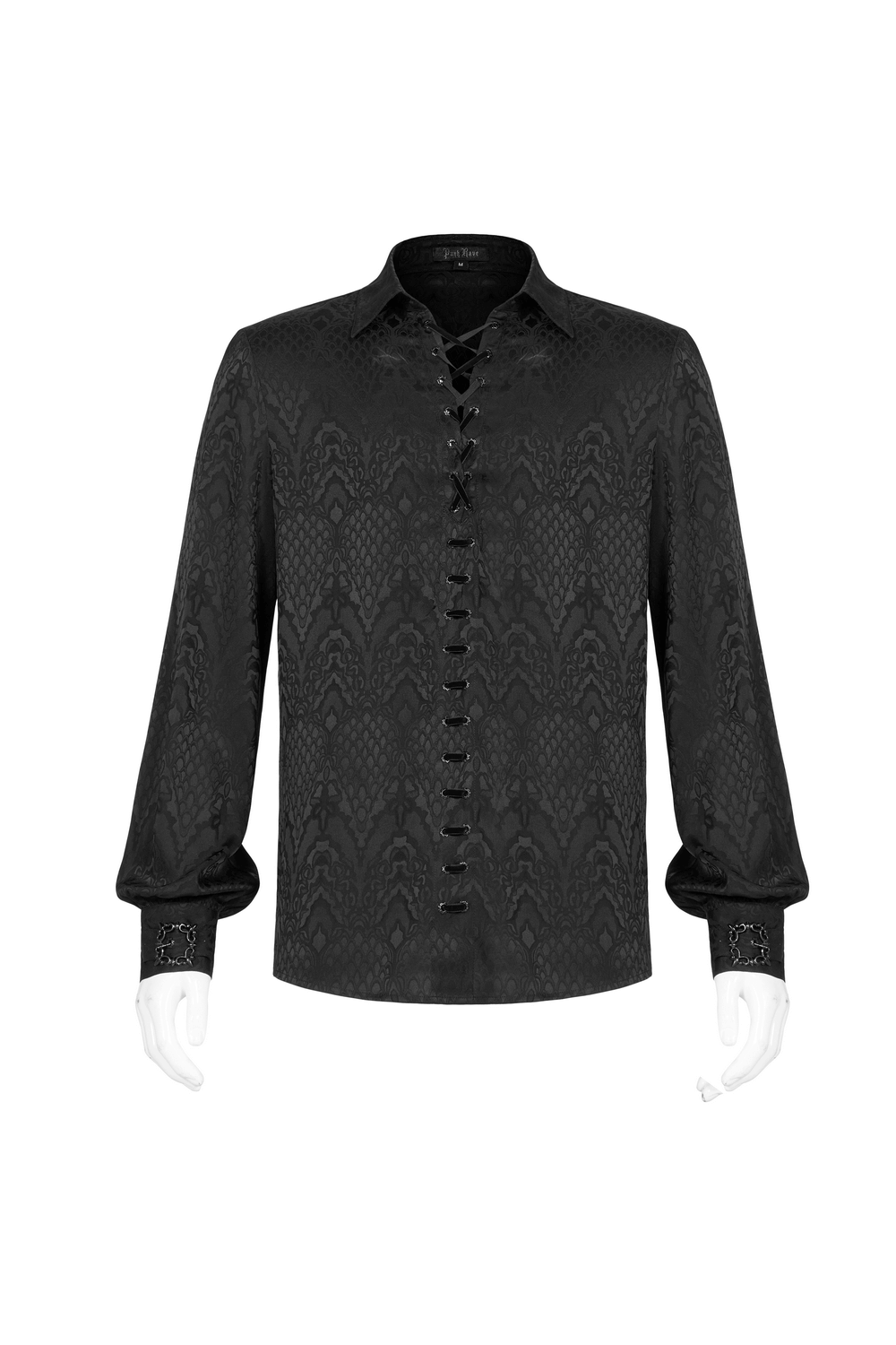 Stylish Men's Black Gothic Jacquard Shirt with lace-up front and elegant metal buckles.