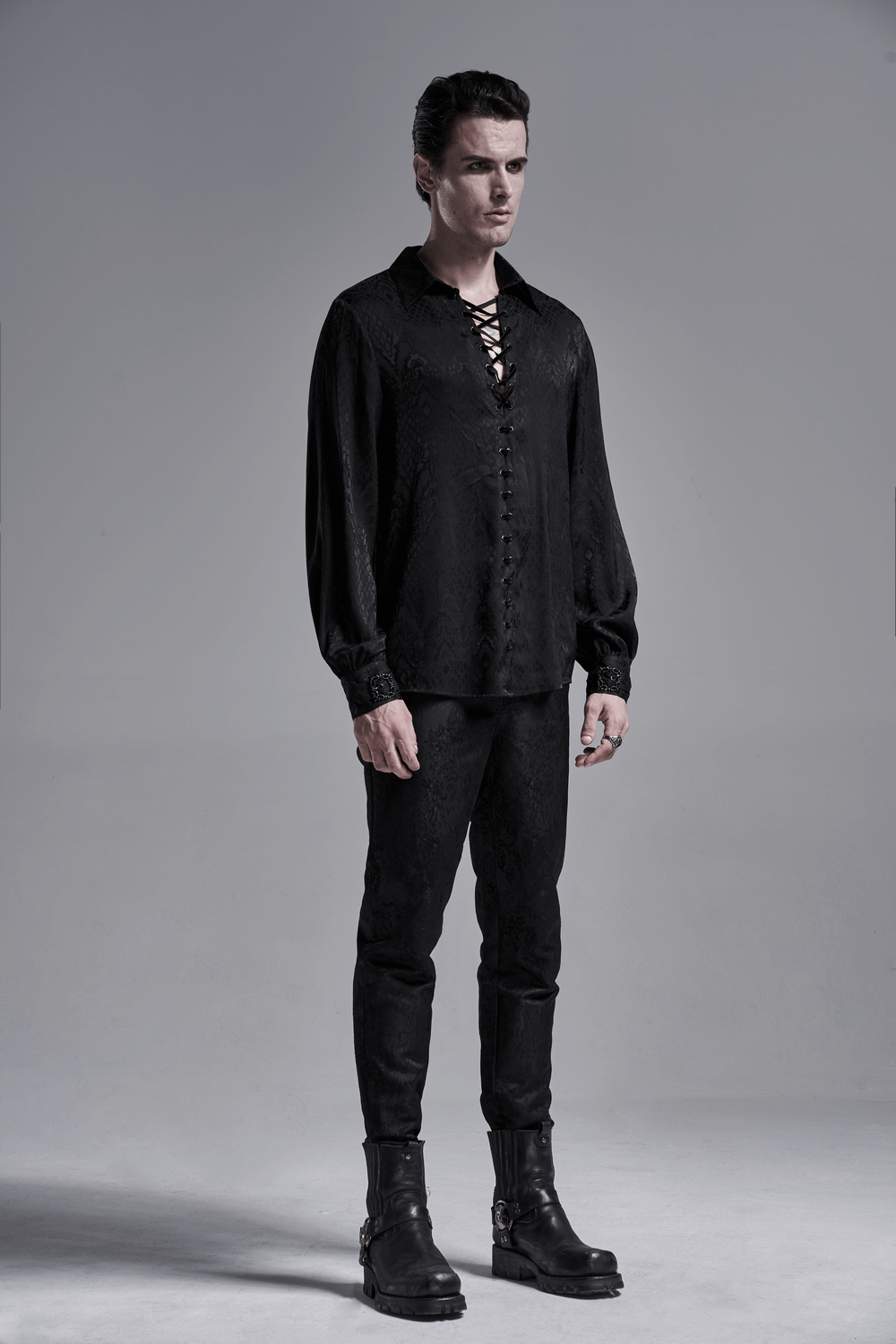 Men's black gothic jacquard shirt with lace-up detail and stylishly crafted cuffs, perfect for vintage elegance.