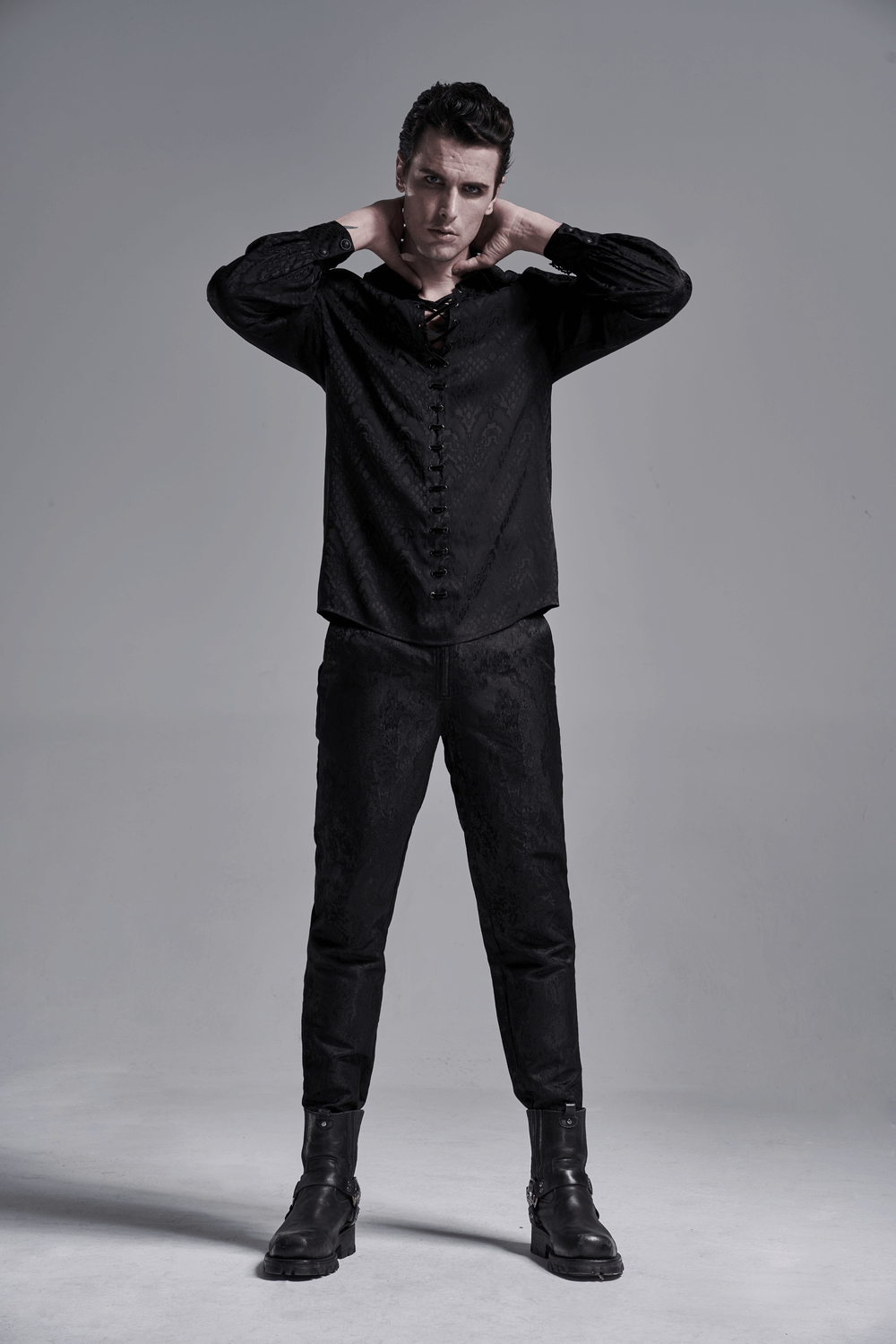 Stylish Men's Gothic Jacquard Shirt with lace detail, buttoned front, and vintage allure in black.