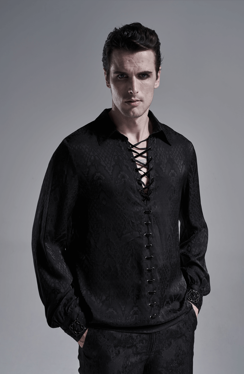 Stylish black men's gothic jacquard shirt with lace-up front and elegant cuffs, perfect for vintage-inspired fashion.