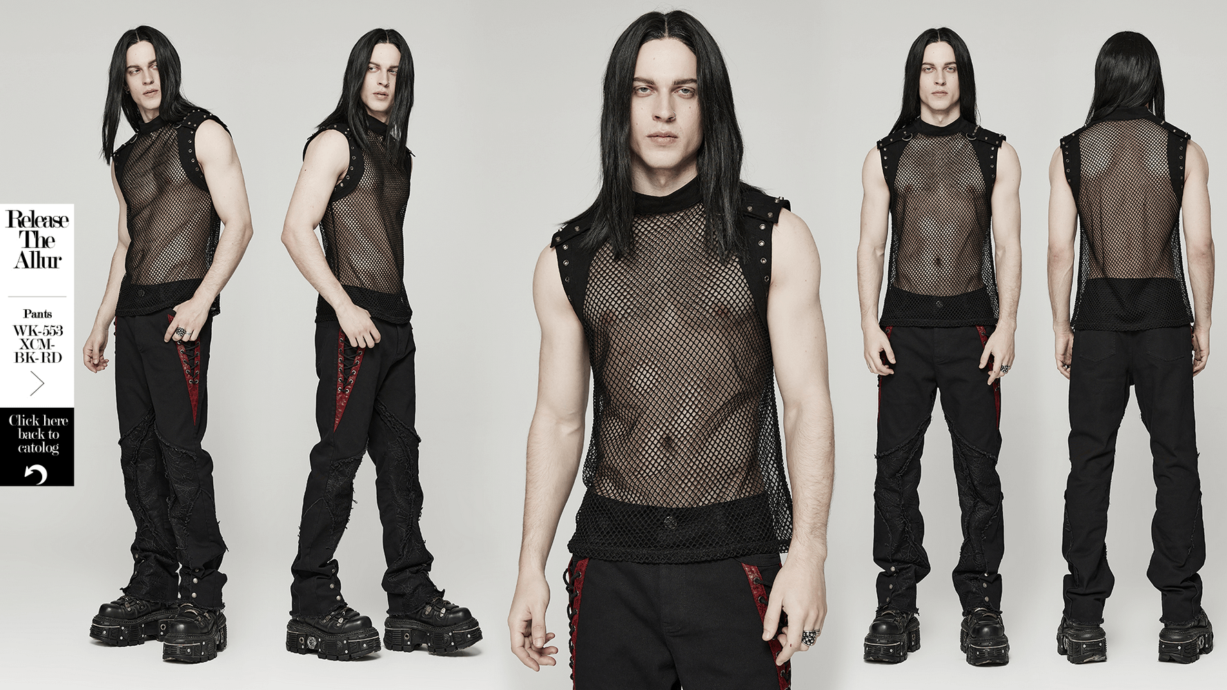 Stylish men's punk mesh top with denim inserts, featuring edgy translucent design and stand-up collar.