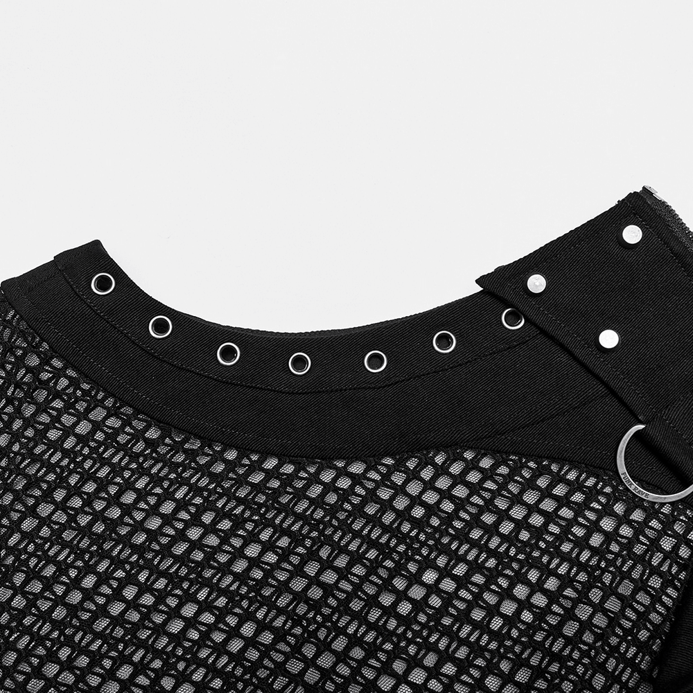 Stylish men's punk mesh top featuring denim inserts and edgy eyelets for a daring look.