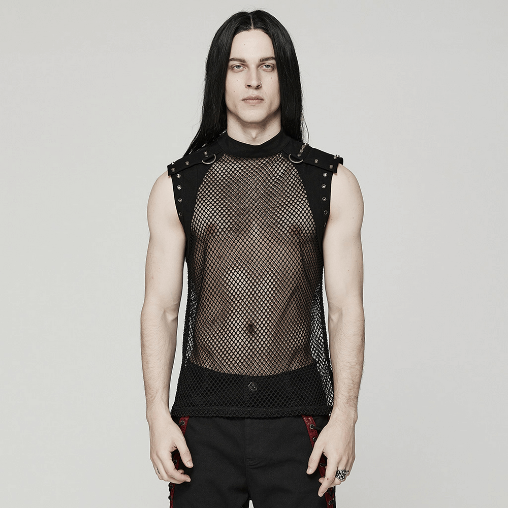 Stylish men's punk mesh top with denim accents and edgy design, perfect for making a bold fashion statement.