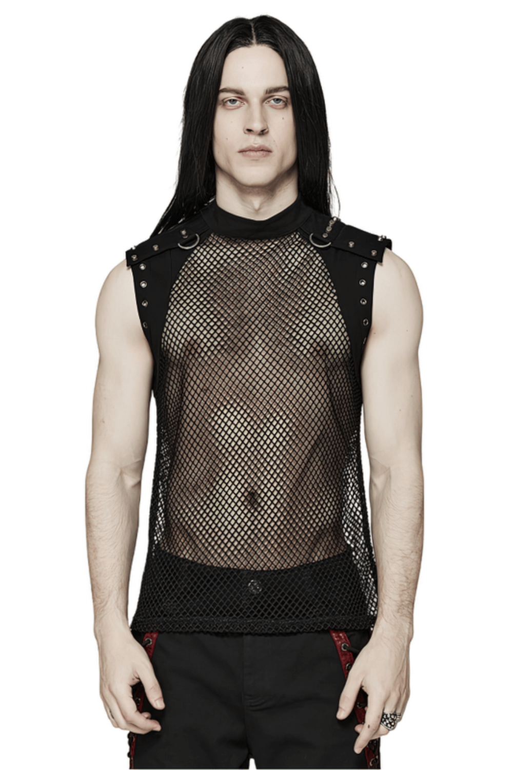 Stylish men's punk mesh top with denim inserts, edgy design and structured collar for a bold look.