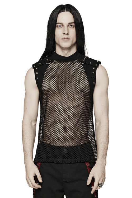 Stylisches Herren-Mesh-Top im Punk-Stil mit Denim-Einsätzen