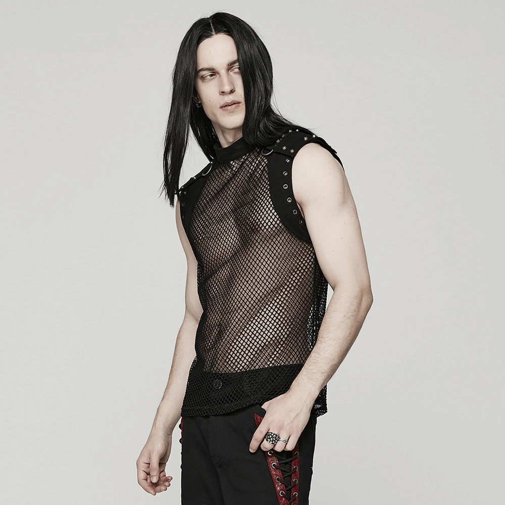 Stylish men's punk mesh top showcasing edgy denim accents and a daring translucent design.