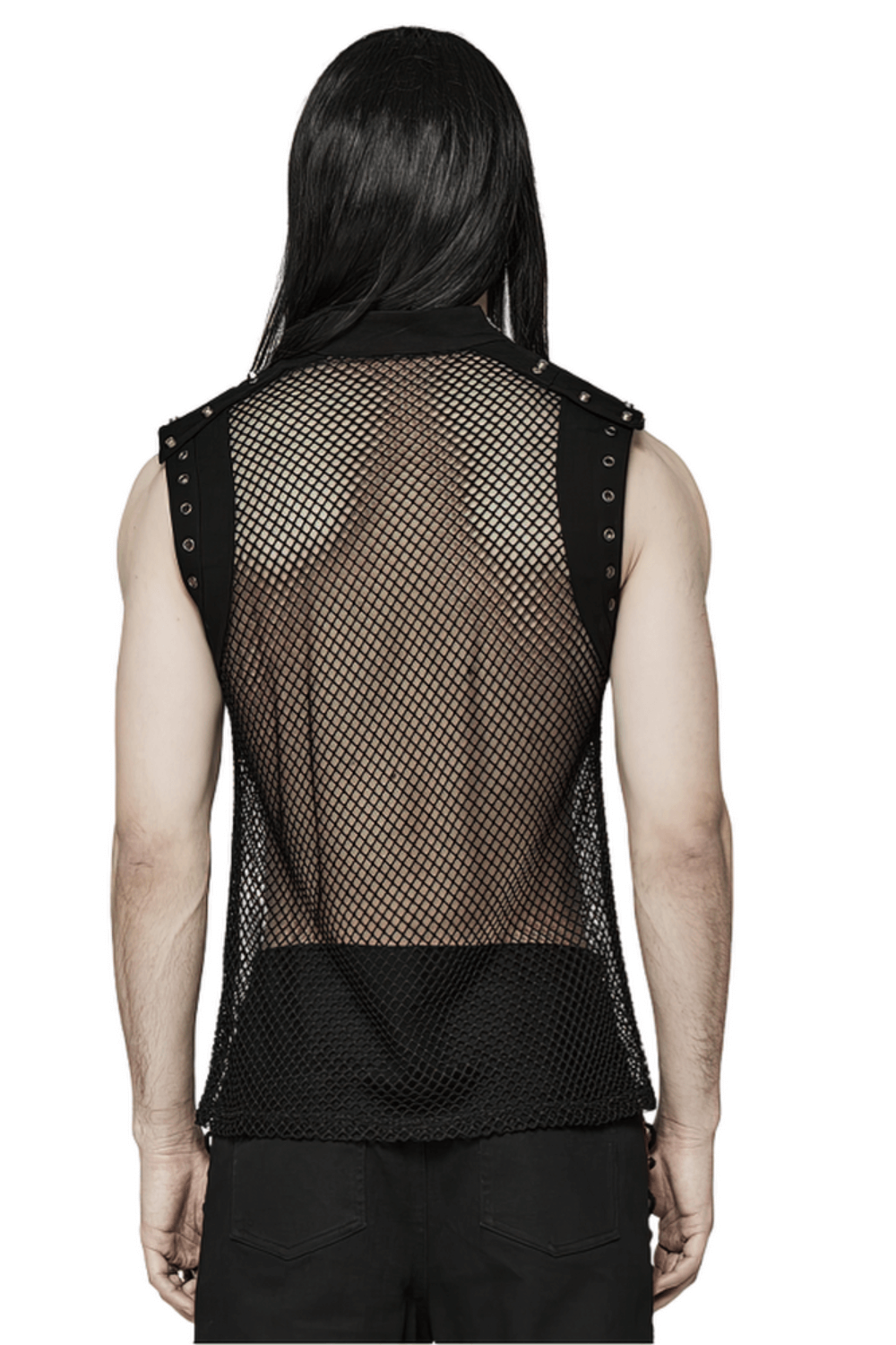 Stylish men's black mesh top with denim inserts and edgy details, showcasing a punk-inspired design.