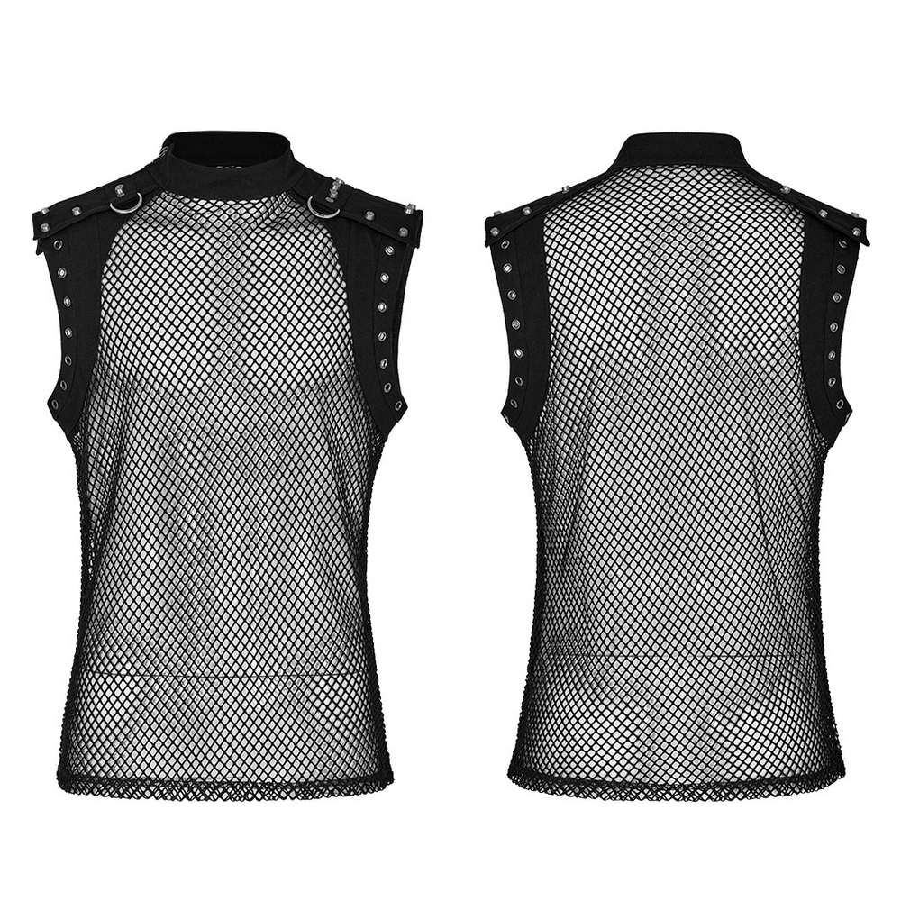 Stylish men's punk mesh top with denim accents and stand-up collar, perfect for making a bold fashion statement.