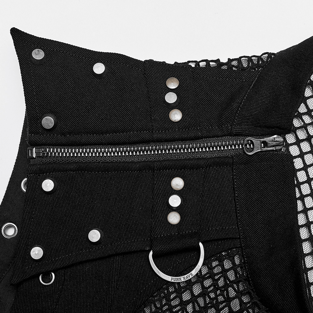 Close-up of stylish men's punk mesh top featuring denim inserts, studs, and a zipper detail.