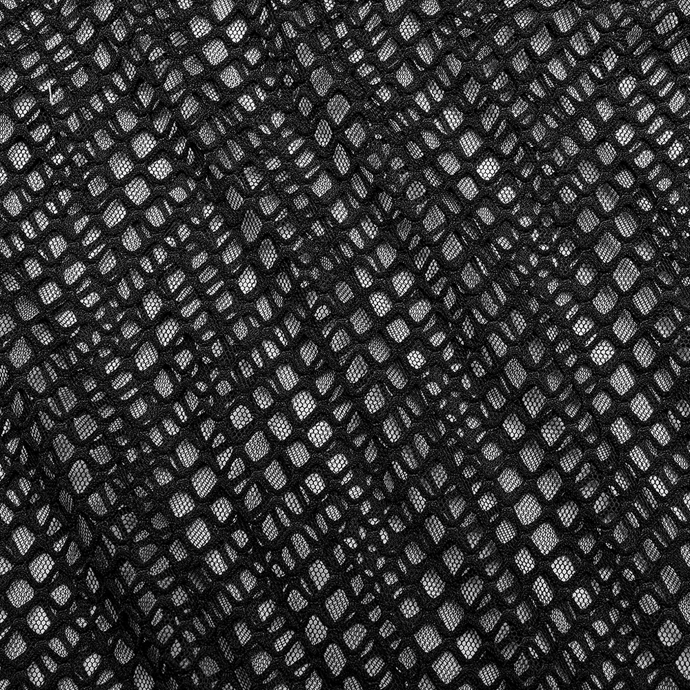 Close-up of black translucent mesh fabric featuring edgy punk-style texture and grid pattern.