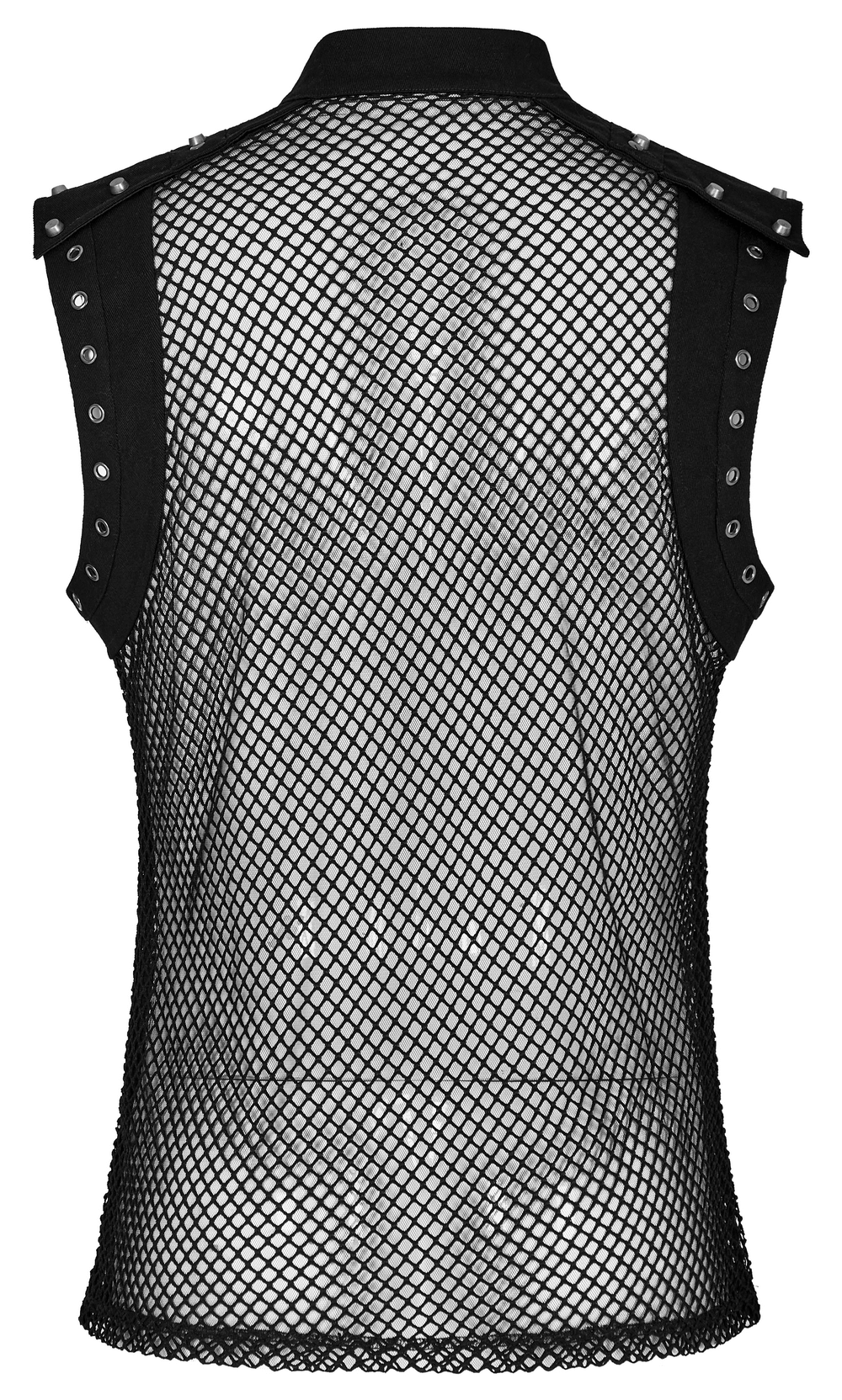 Back view of a stylish men's punk mesh top with denim accents and structured collar.