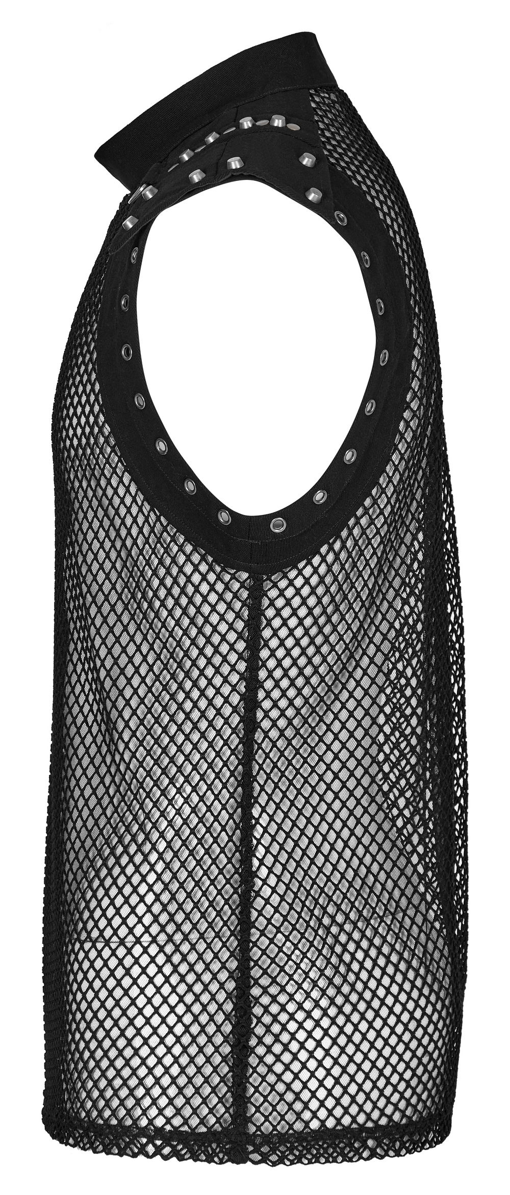Stylish men's punk mesh top with denim inserts and stand-up collar, showcasing edgy translucent design.