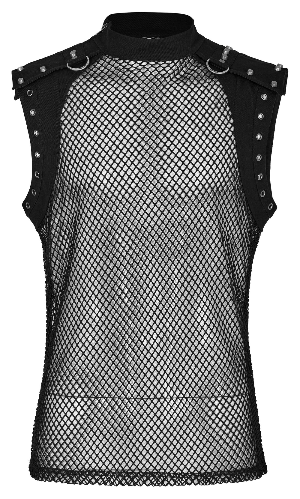 Stylish men's punk mesh top with denim inserts and stand-up collar, featuring edgy design and unique splicing.