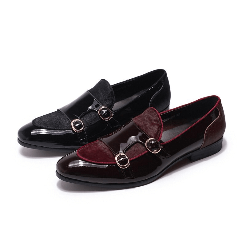 Stylish men's patent leather loafers with double buckle design in black and burgundy, perfect for casual yet sophisticated looks.