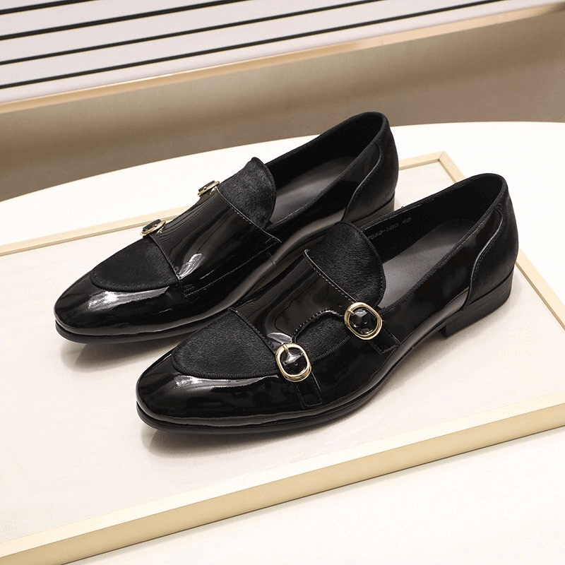 Stylish men's patent leather loafers with double buckle design, perfect for adding flair to casual outfits.