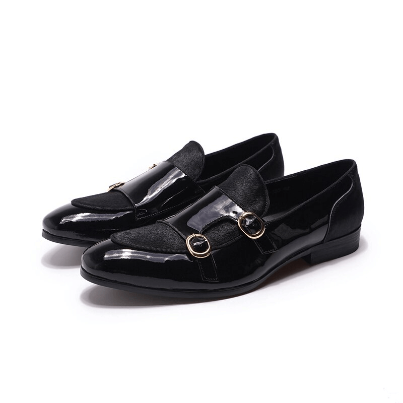 Stylish Men's Patent Leather Loafers / Casual Male Shoes With Double Buckle - HARD'N'HEAVY