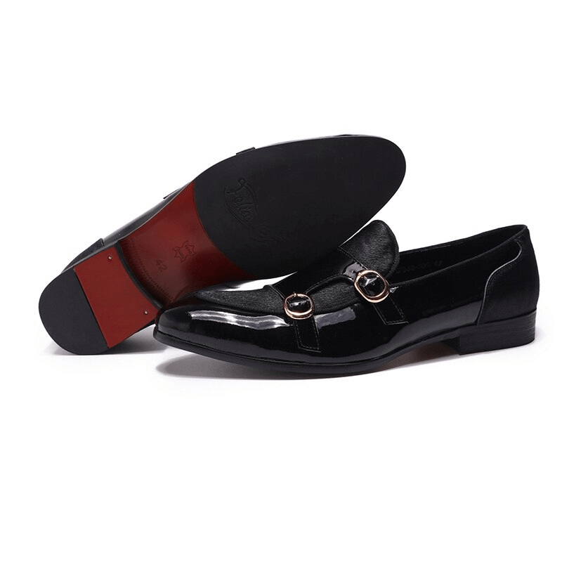 Stylish men's patent leather loafers with double buckle design, perfect for casual and sophisticated looks.