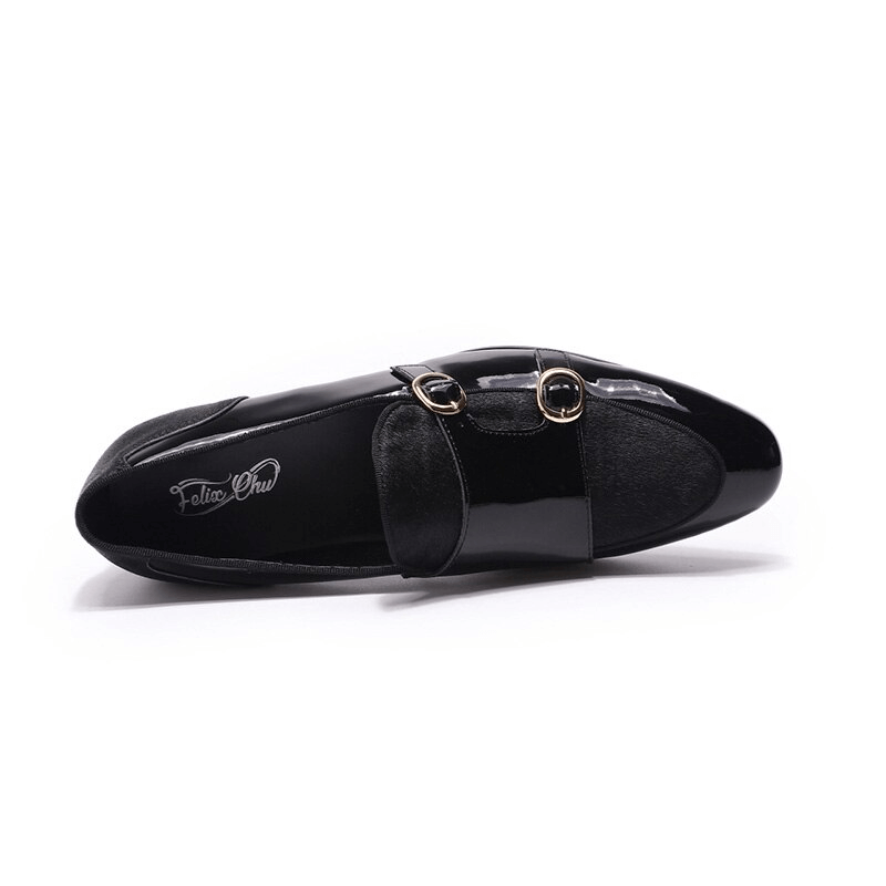 Stylish men's patent leather loafers with double buckle design, perfect blend of casual elegance and unique style.