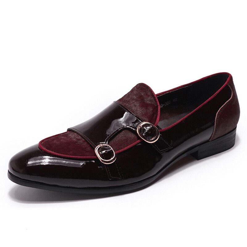 Stylish men's patent leather loafers with double buckle design in dark burgundy color.