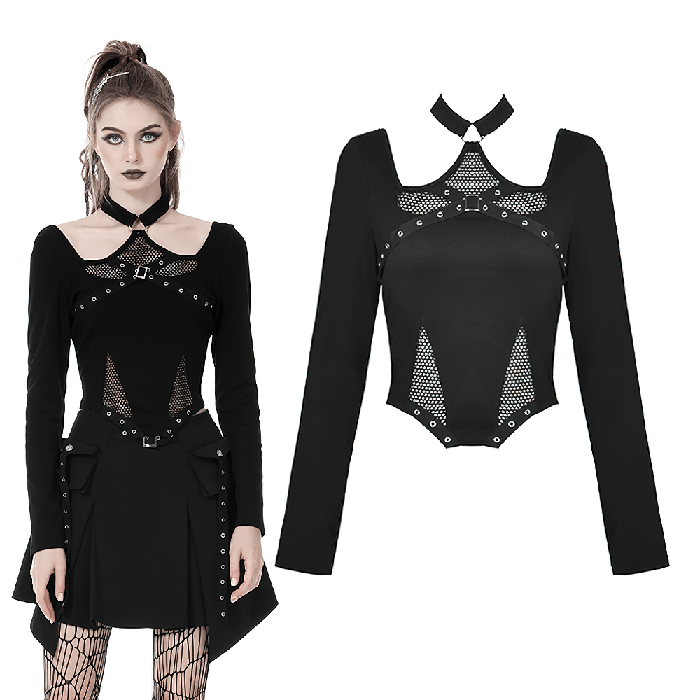 Stylish Mesh Crop Top with Choker and Long Sleeves