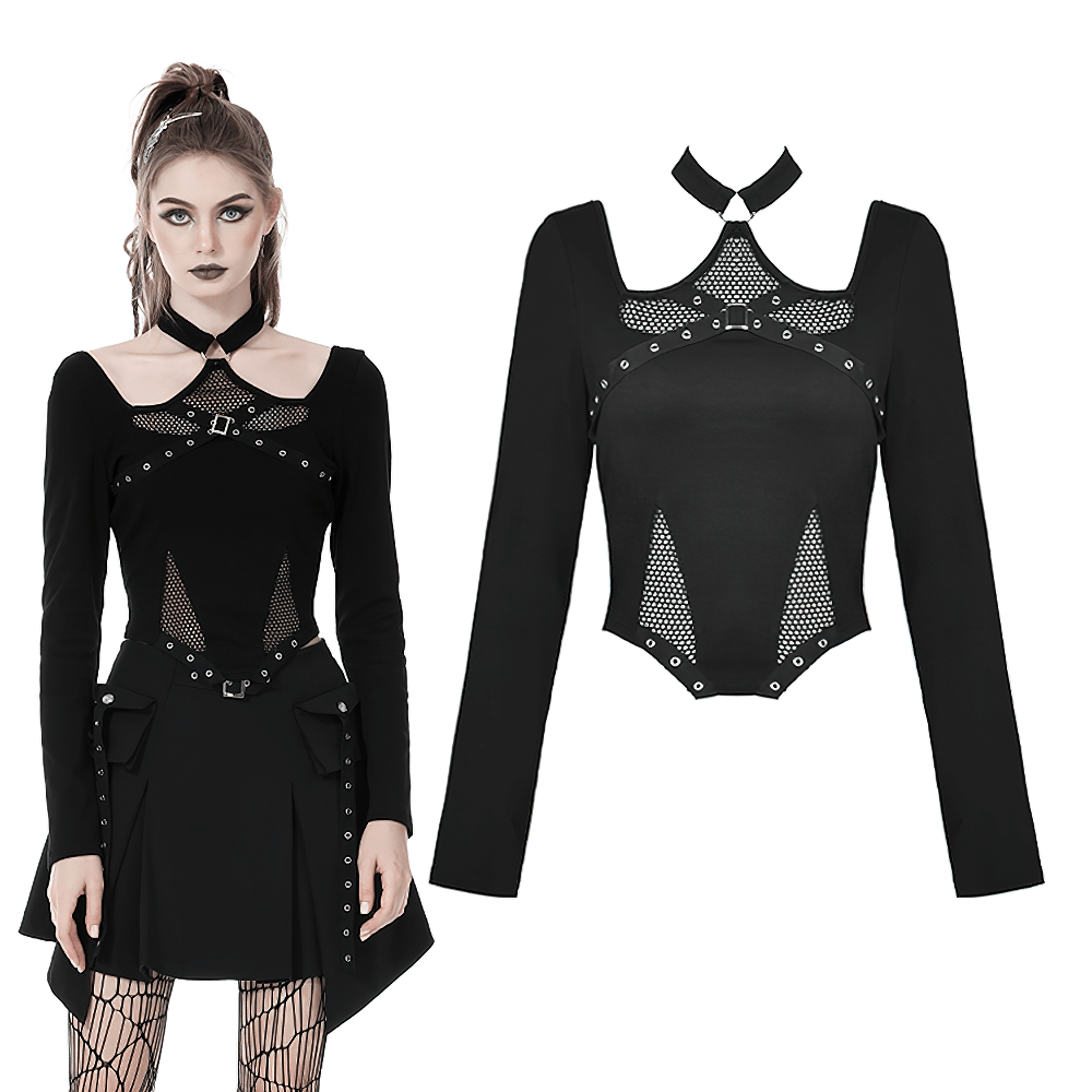 Gothic mesh crop top with choker, long sleeves, and metal eyelets, perfect for a punk rock aesthetic.
