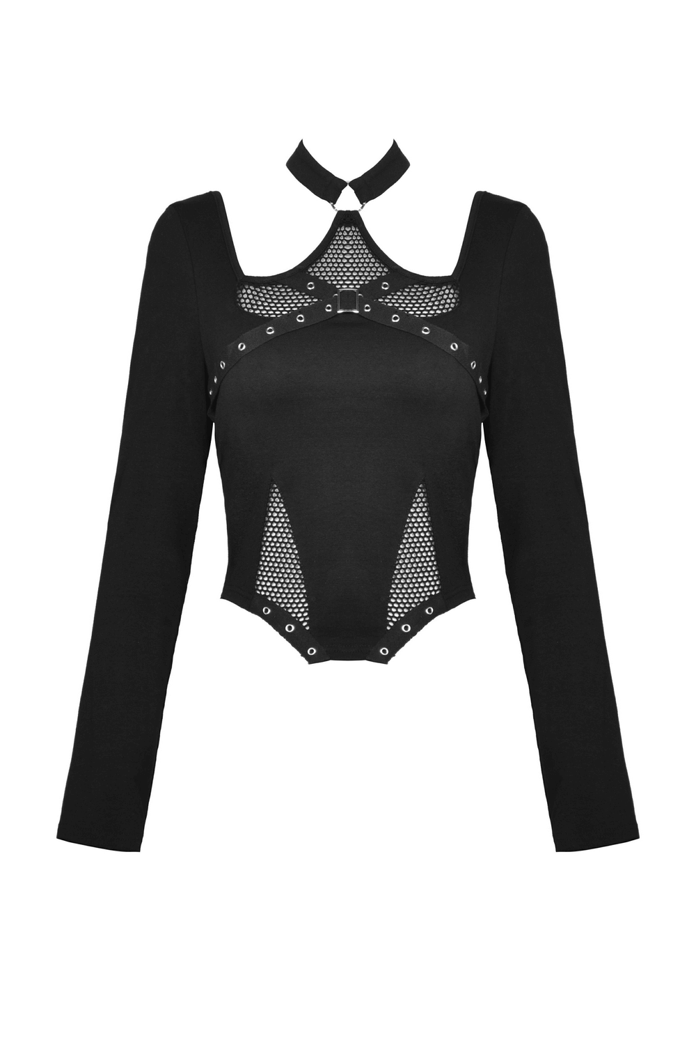 Stylish Mesh Crop Top with Choker and Long Sleeves