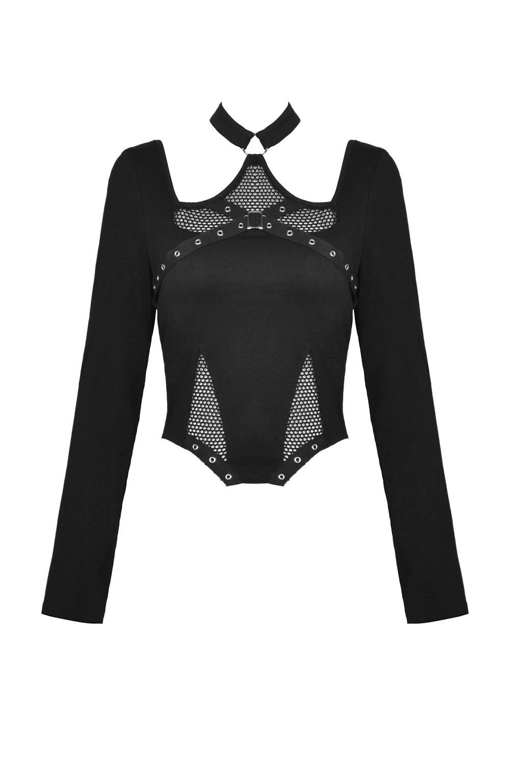 Stylish black gothic mesh crop top with choker, long sleeves, and metal eyelets for a punk rock vibe.