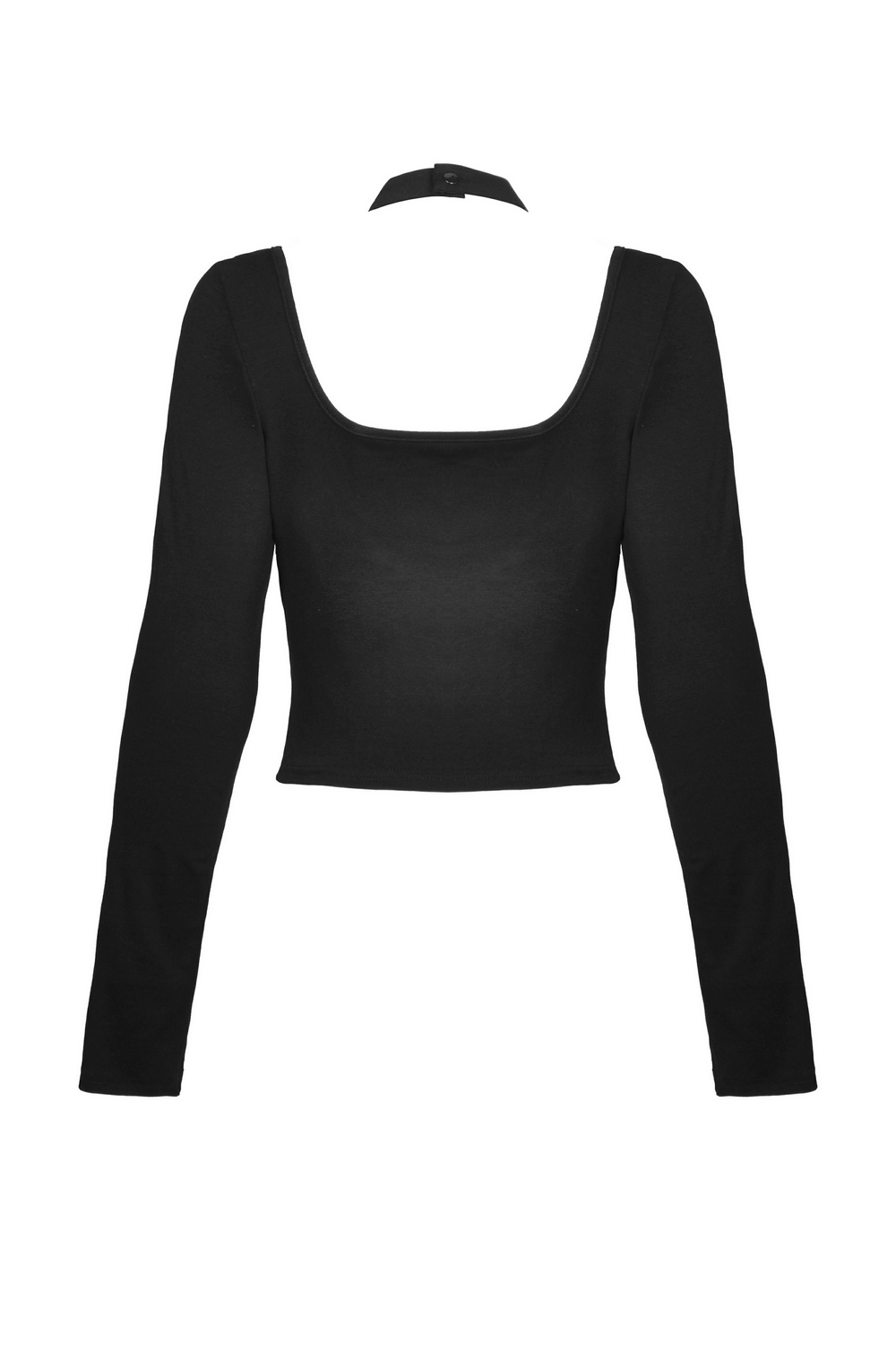 Back view of stylish black mesh crop top with long sleeves and choker detail, perfect for a gothic aesthetic.