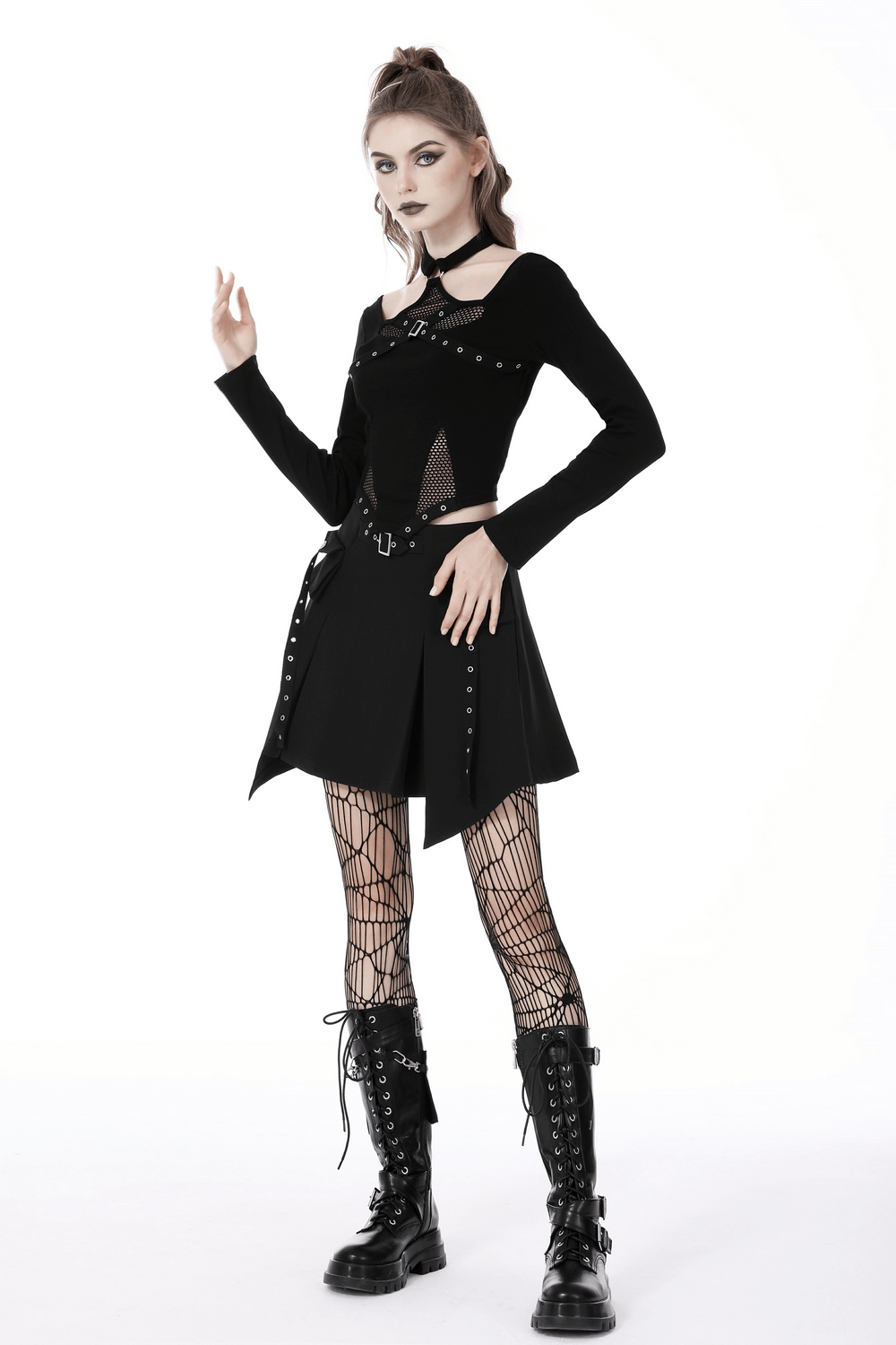 Gothic halter crop top with mesh panels and choker, paired with black skirt and fishnet tights, perfect punk outfit.