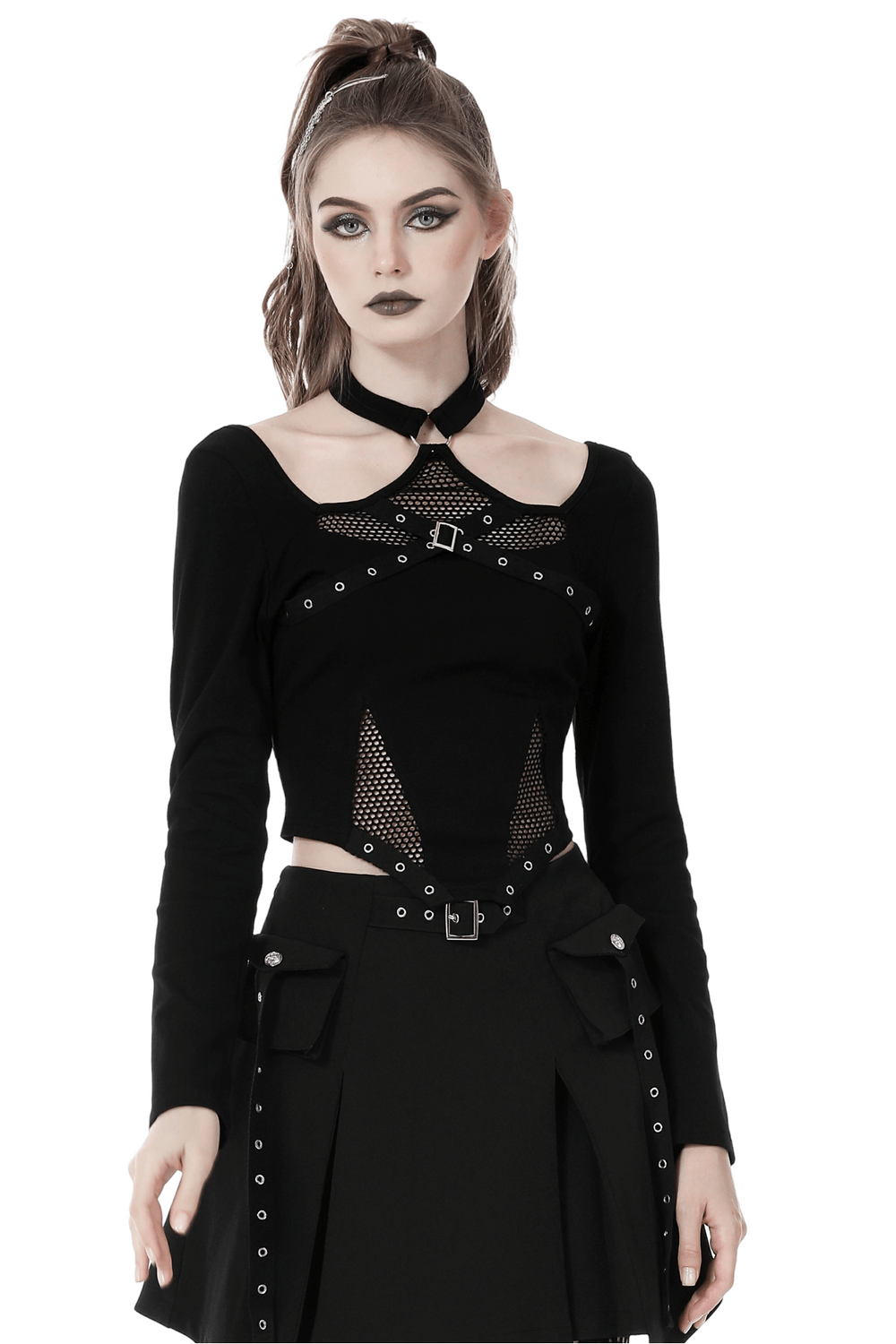 Gothic halter crop top with mesh panels, choker detail, and long sleeves for edgy punk style.