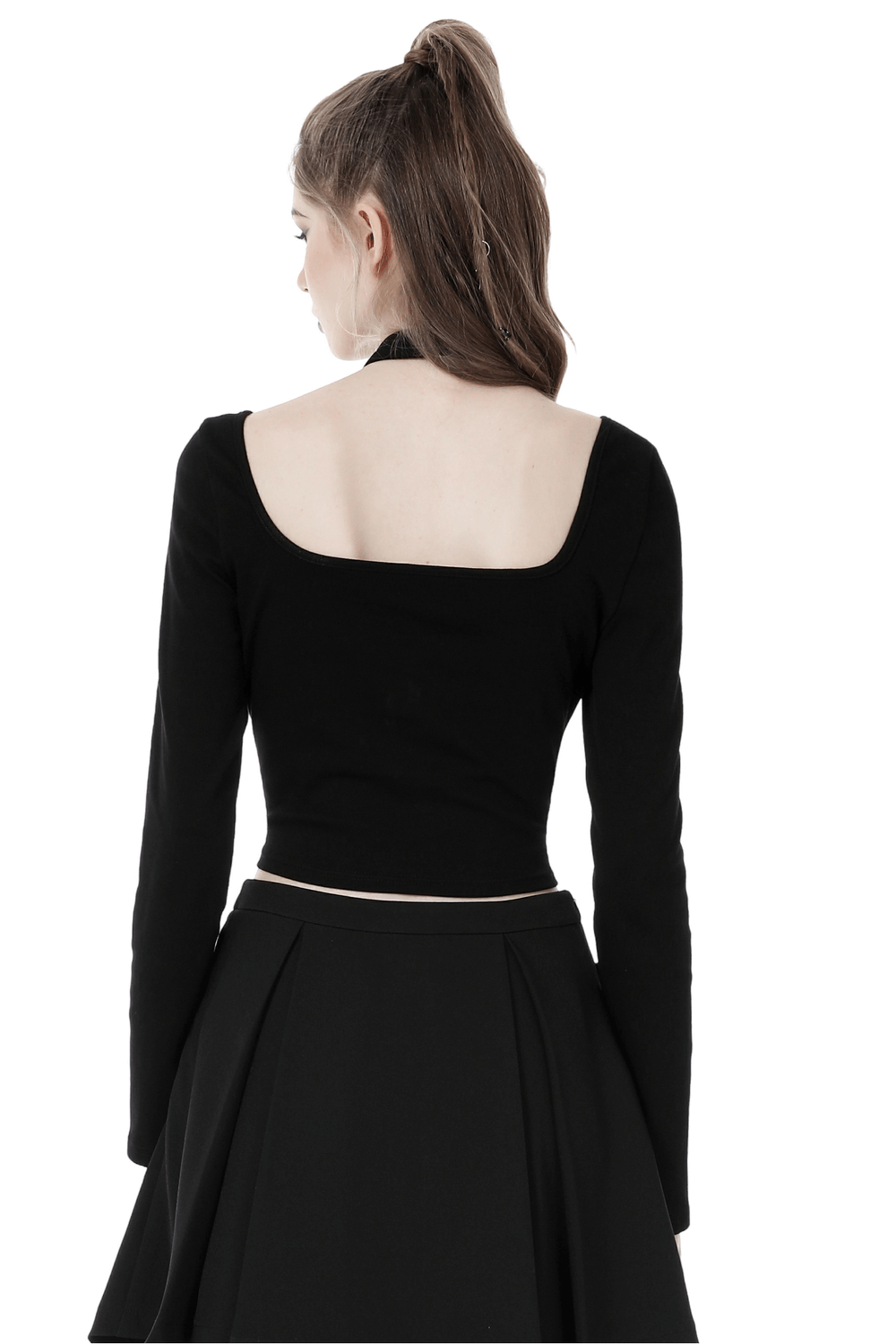 Stylish black long sleeve crop top with choker and open back, perfect for goth and punk fashion enthusiasts.